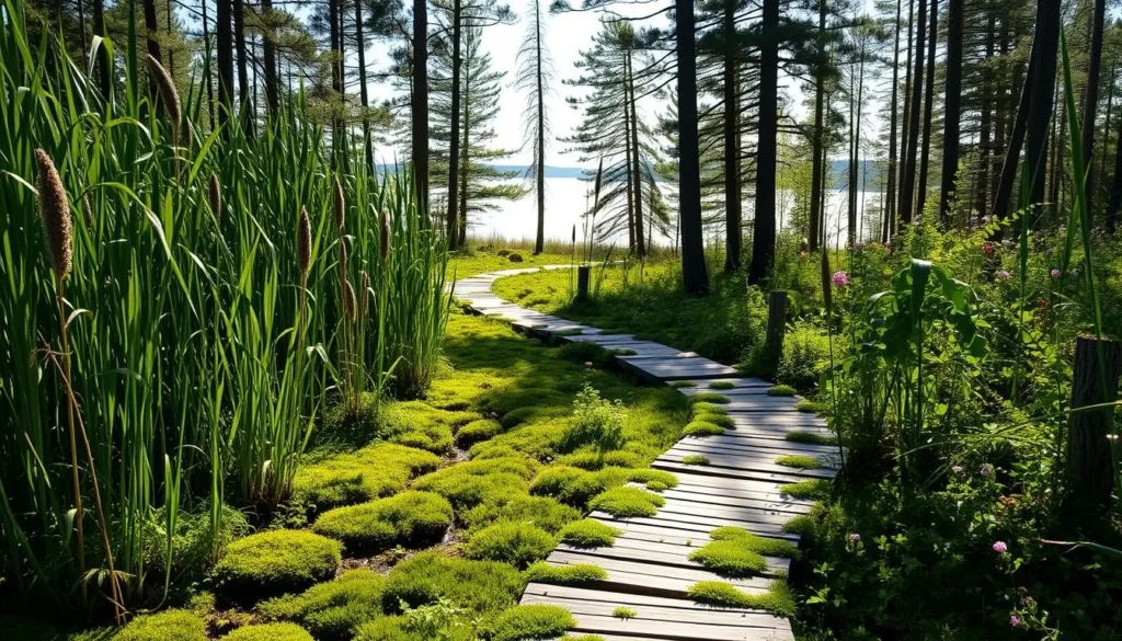 A winding boardwalk trail meanders through the lush, verdant expanse of a tranquil Swedish bog. Towering reeds and cattails sway gently in the soft breeze, casting dappled shadows on the wooden walkway. Vibrant green mosses and ferns carpet the ground, interspersed with the delicate blooms of wildflowers. Sunlight filters through the canopy of tall pines, creating a warm, inviting atmosphere. In the distance, a glimpse of the shimmering surface of a placid lake can be seen, completing the serene, natural tableau. The scene exudes a sense of peaceful exploration, inviting the viewer to immerse themselves in the beauty of this untamed wetland landscape.