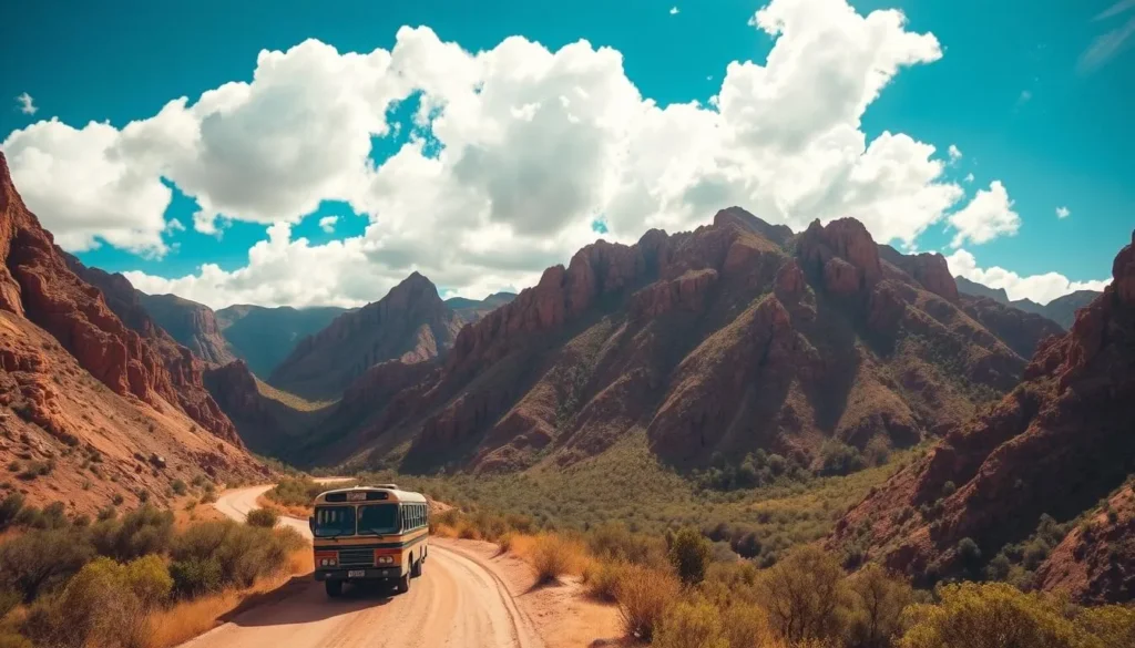 A winding dirt road snakes through the rugged, sun-drenched landscapes of Colca Canyon. In the foreground, a traditional Peruvian bus chugs along, ferrying passengers to their destination. Towering, ochre-hued cliffs frame the scene, casting long shadows over the lush, verdant vegetation below. Fluffy white clouds drift across a brilliant azure sky, illuminating the canyon's staggering depth and scale. The overall atmosphere is one of adventure and exploration, capturing the essence of transportation within this magnificent natural wonder.