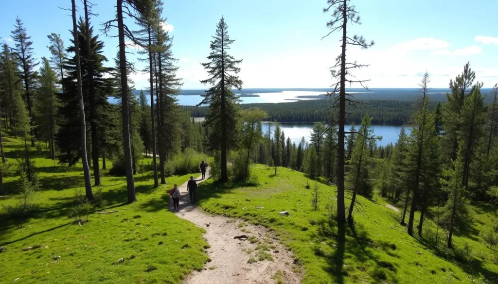 A winding hiking trail winds through a lush, verdant forest in Repovesi National Park, Finland. Tall pines and birch trees line the path, casting dappled sunlight on the mossy ground below. In the distance, a tranquil lake shimmers under a bright, cloudless sky. Hikers make their way along the well-maintained trail, taking in the serene natural beauty that surrounds them. The scene exudes a sense of peaceful exploration, inviting visitors to immerse themselves in the park's stunning landscapes.