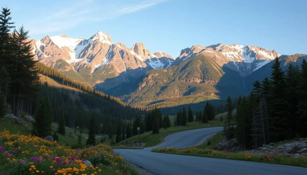 A winding mountain road winds through a scenic vista of Cottonwood Pass, Colorado. Towering peaks rise in the background, their snow-capped summits glistening in the warm sunlight. In the foreground, a tree-lined valley is dotted with vibrant wildflowers, their petals swaying gently in the gentle breeze. The road curves gracefully, inviting the viewer to explore the natural beauty of this stunning landscape. The scene is captured with a wide-angle lens, highlighting the grandeur of the surrounding environment. The overall mood is one of serenity and awe, perfectly capturing the essence of a scenic mountain drive.