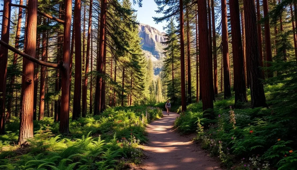A winding path snakes through a lush forest of towering red cedar trees, their russet-colored bark glistening in the warm sunlight. Dappled shadows dance across the trail, inviting hikers to explore the serene natural landscape. Verdant ferns and vibrant wildflowers line the way, creating a picturesque scene. In the distance, a rocky outcrop rises, its rugged cliffs offering a challenging but rewarding ascent. The trail meanders through this idyllic setting, promising an invigorating hike and a chance to connect with the untamed beauty of the wilderness. A winding path snakes through a lush forest of towering red cedar trees, their russet-colored bark glistening in the warm sunlight. Dappled shadows dance across the trail, inviting hikers to explore the serene natural landscape. Verdant ferns and vibrant wildflowers line the way, creating a picturesque scene. In the distance, a rocky outcrop rises, its rugged cliffs offering a challenging but rewarding ascent. The trail meanders through this idyllic setting, promising an invigorating hike and a chance to connect with the untamed beauty of the wilderness.