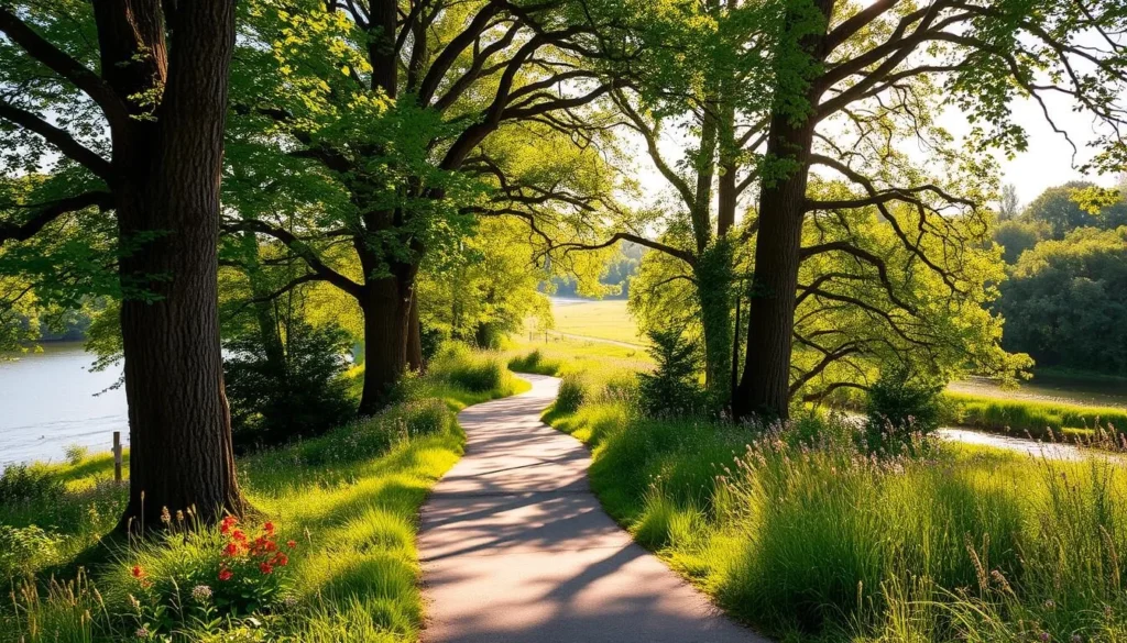 A winding path winds through a lush, verdant landscape along the tranquil River Cray. Towering trees cast dappled shadows on the meandering trail, creating a serene and peaceful atmosphere. In the distance, the gentle flow of the river can be heard, while birds chirp and flutter overhead. The path is flanked by vibrant wildflowers and tall grasses, inviting visitors to immerse themselves in the natural beauty of this picturesque setting. Warm, golden sunlight filters through the canopy, creating a warm and inviting ambiance. The scene evokes a sense of calm and serenity, perfectly capturing the essence of the River Cray Path.