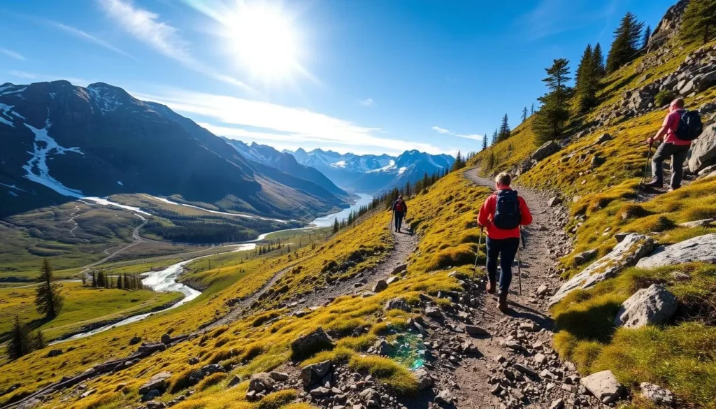A winding, rugged trail snaking through the majestic Kebnekaise Mountain Range, Sweden. Sunlight filters through the verdant foliage, casting a warm glow on the weathered path. In the distance, snow-capped peaks pierce the azure sky, their grandeur reflected in the crystal-clear streams that meander alongside the route. Hikers, equipped with sturdy boots and hiking poles, navigate the undulating terrain, immersed in the serene natural beauty that surrounds them. The atmosphere is one of tranquility and adventure, inviting the viewer to embark on this stunning western route towards the Kebnekaise Summit.