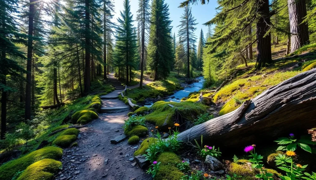 A winding trail meanders through a verdant forest, sunlight filtering through the canopy of towering evergreens. Moss-covered rocks and fallen logs line the path, leading hikers deeper into the serene wilderness. Vibrant wildflowers dot the forest floor, adding pops of color to the scene. In the distance, a babbling brook reflects the azure sky, its soothing sounds accompanying the adventurer's steps. The trail invites exploration, promising a connection with nature and a chance to discover the lesser-known wonders of Garibaldi Provincial Park.