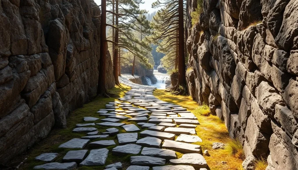 A winding trail of ancient stone slabs, carved by centuries of footsteps, winds through the rugged terrain of Snohetta National Park. Tall, weathered cliffs frame the path, casting long shadows across the mossy ground. Warm sunlight filters through the canopy of twisted pine trees, illuminating the intricate patterns and textures of the worn stones. In the distance, a glimpse of a crystal-clear stream glistens, hinting at the park's abundant natural beauty. This historic trail holds the stories of generations who have traversed it, connecting the past to the present and inviting visitors to immerse themselves in the rich cultural heritage of Norway's protected wilderness.