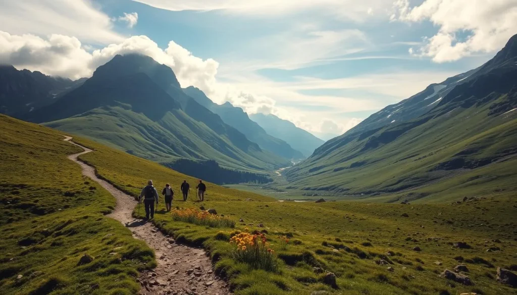 A winding trail snakes through a verdant landscape dotted with towering peaks and alpine meadows in Kjolen, Norway. Sunlight filters through wispy clouds, casting a warm glow over the scene. In the foreground, hikers navigate the rugged terrain, their steps crunching on the well-worn path. Vibrant wildflowers dot the middle ground, swaying gently in a soft breeze. In the distance, jagged ridges rise up, their snow-capped summits reaching towards the heavens. The overall atmosphere evokes a sense of tranquility and adventure, perfectly capturing the essence of the Kjolen hiking experience.