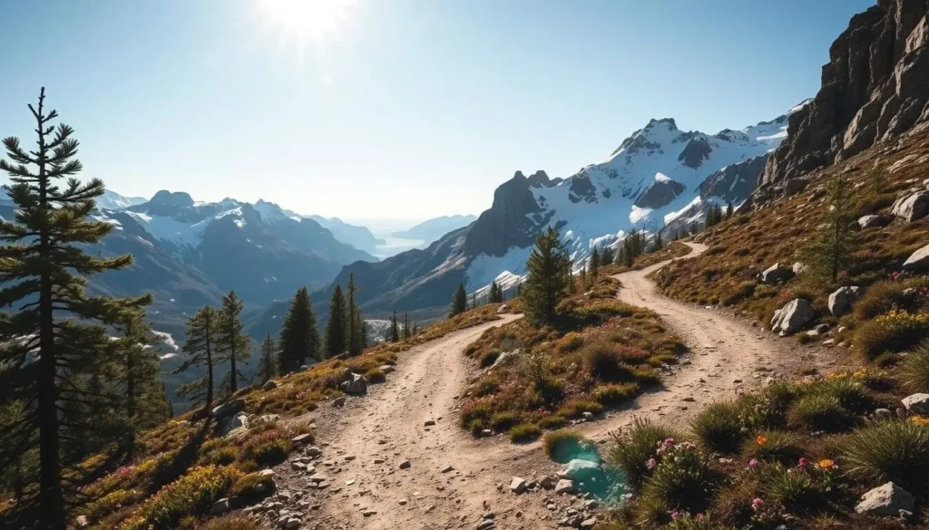 A winding trail snakes through the rugged, snow-capped peaks of Hardangervidda, Norway. Sunlight filters through the crisp, alpine air, casting a warm glow over the ancient trail worn by generations of hikers and explorers. In the foreground, a well-trodden path leads the viewer deeper into the vast, untamed wilderness, bordered by towering pines and wildflowers in bloom. The middle ground reveals dramatic, jagged cliffs and glacial remnants, hinting at the region's rich geological history. Distant mountains rise majestically against a clear, azure sky, their slopes dotted with patches of pristine, powdery snow. The overall atmosphere evokes a sense of adventure, discovery, and reverence for the enduring natural beauty of this historic hiking destination.