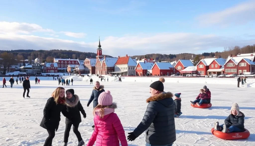 A winter wonderland in Falun, Sweden. In the foreground, a group of friends ice skating on a frozen lake, their laughter echoing across the crisp, clear air. In the middle ground, families bundled in warm coats and hats sled down a gentle slope, their smiles lit by the soft glow of the sun. In the background, the charming red-painted buildings of Falun's historic town center stand in contrast to the snowy landscape, their roofs dusted with a layer of pristine white. The scene is bathed in a soft, warm light, capturing the cozy, festive atmosphere of a Scandinavian winter day. A picturesque winter wonderland, perfect for a day of outdoor adventure and cherished memories.
