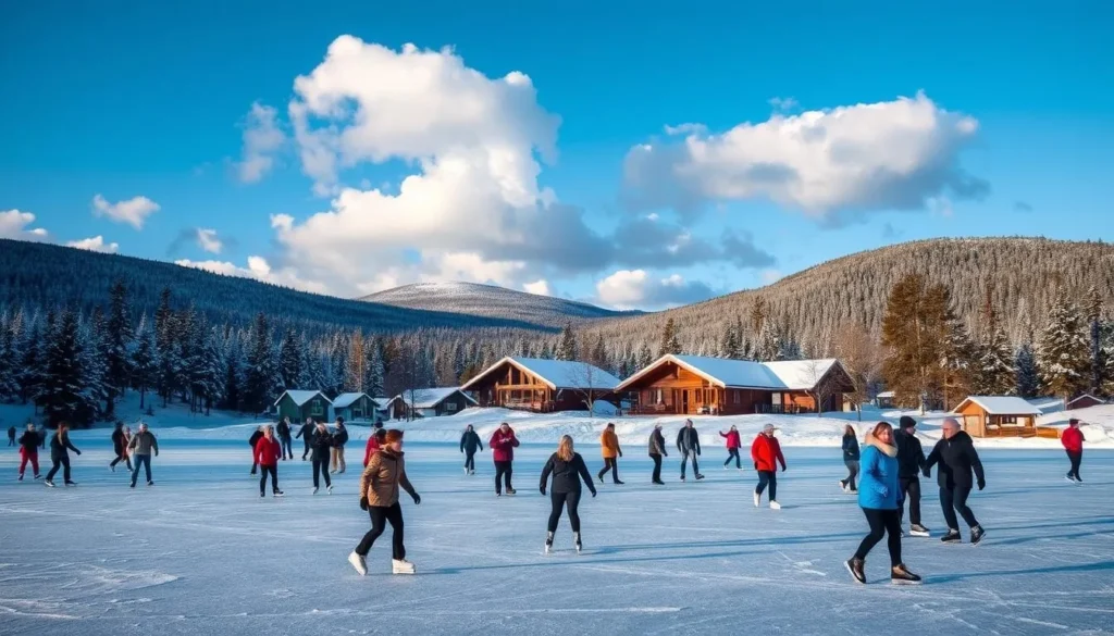 A winter wonderland in Östersund, Sweden. In the foreground, a group of people ice skating on a frozen lake, their movements graceful and energetic. The middle ground features a cozy log cabin, its warm lights glowing against the snowy landscape. In the background, pine-covered hills rise up, their peaks dusted with a fresh layer of pristine white snow. The sky is a brilliant blue, with fluffy clouds drifting overhead. The scene is bathed in a soft, golden light, creating a sense of tranquility and enchantment. Capture the joy and beauty of winter sports in this picturesque Swedish town.