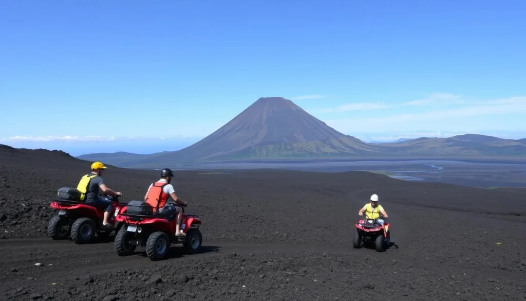 ATV riders exploring the black lava trails around Mayon Volcano in Bicol, Philippines with the perfect cone visible in the background ATV riders exploring the black lava trails around Mayon Volcano in Bicol, Philippines with the perfect cone visible in the background
