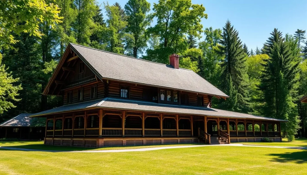 Abramtsevo Estate museum with traditional Russian wooden architecture surrounded by forest