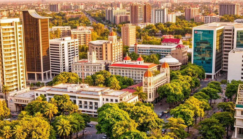 Accommodation Options in Ghaziabad: A Vibrant Cityscape with Diverse Lodging Choices. Capture a bustling urban landscape with modern high-rise hotels and charming boutique inns nestled amidst lush green spaces. Showcase a range of accommodation styles, from sleek glass-and-steel towers to cozy heritage properties, all bathed in warm, golden afternoon sunlight. Emphasize the dynamic blend of contemporary and traditional architectural elements. Depict busy streets lined with trees and pedestrians, creating an inviting, vibrant atmosphere that reflects the city's character and the variety of lodging options available to visitors.