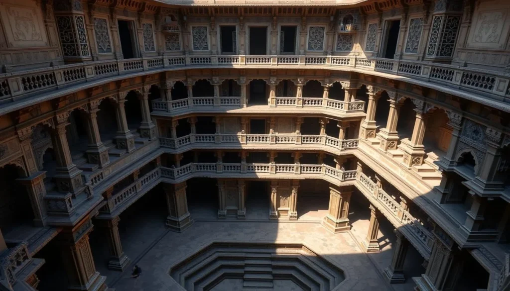 Adalaj Stepwell near Ahmedabad showing the five-story deep well with ornate carvings and geometric patterns Adalaj Stepwell near Ahmedabad showing the five-story deep well with ornate carvings and geometric patterns