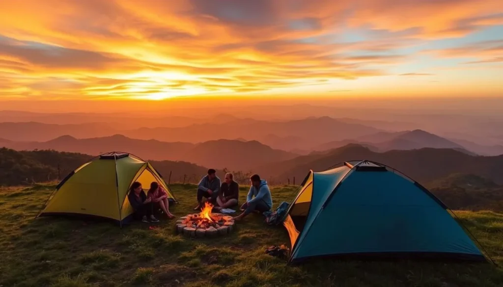 Adventurous travelers camping on a hilltop in Bandarban with a stunning sunset view