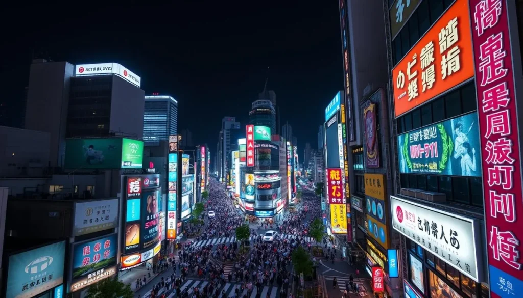 Aerial night view of Shinjuku district in Tokyo with neon lights, a central area to stay when exploring the best things to do in Tokyo Japan Aerial night view of Shinjuku district in Tokyo with neon lights, a central area to stay when exploring the best things to do in Tokyo Japan