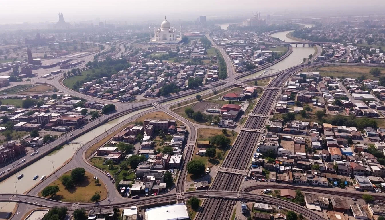 Aerial view of Agra city with the Taj Mahal visible in the distance, showing transportation routes and the Yamuna River