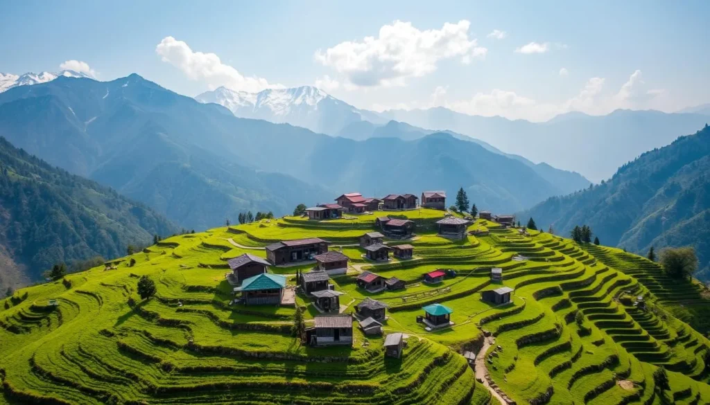 Aerial view of Arang Kel village with traditional wooden houses nestled on a green hillside in Neelam Valley Aerial view of Arang Kel village with traditional wooden houses nestled on a green hillside in Neelam Valley