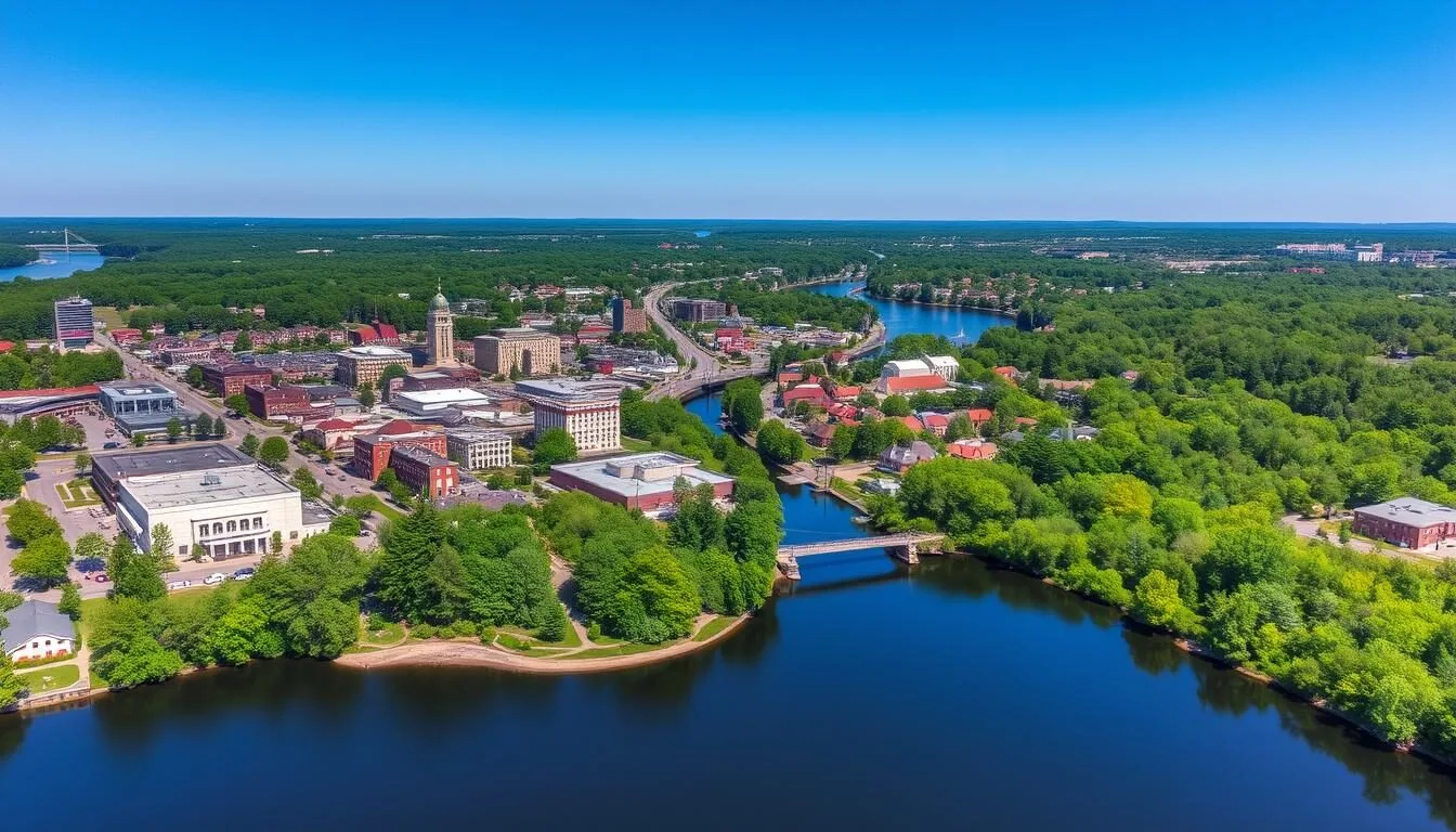 Aerial view of Auburn Maine showing the Androscoggin River and surrounding landscape on a sunny day