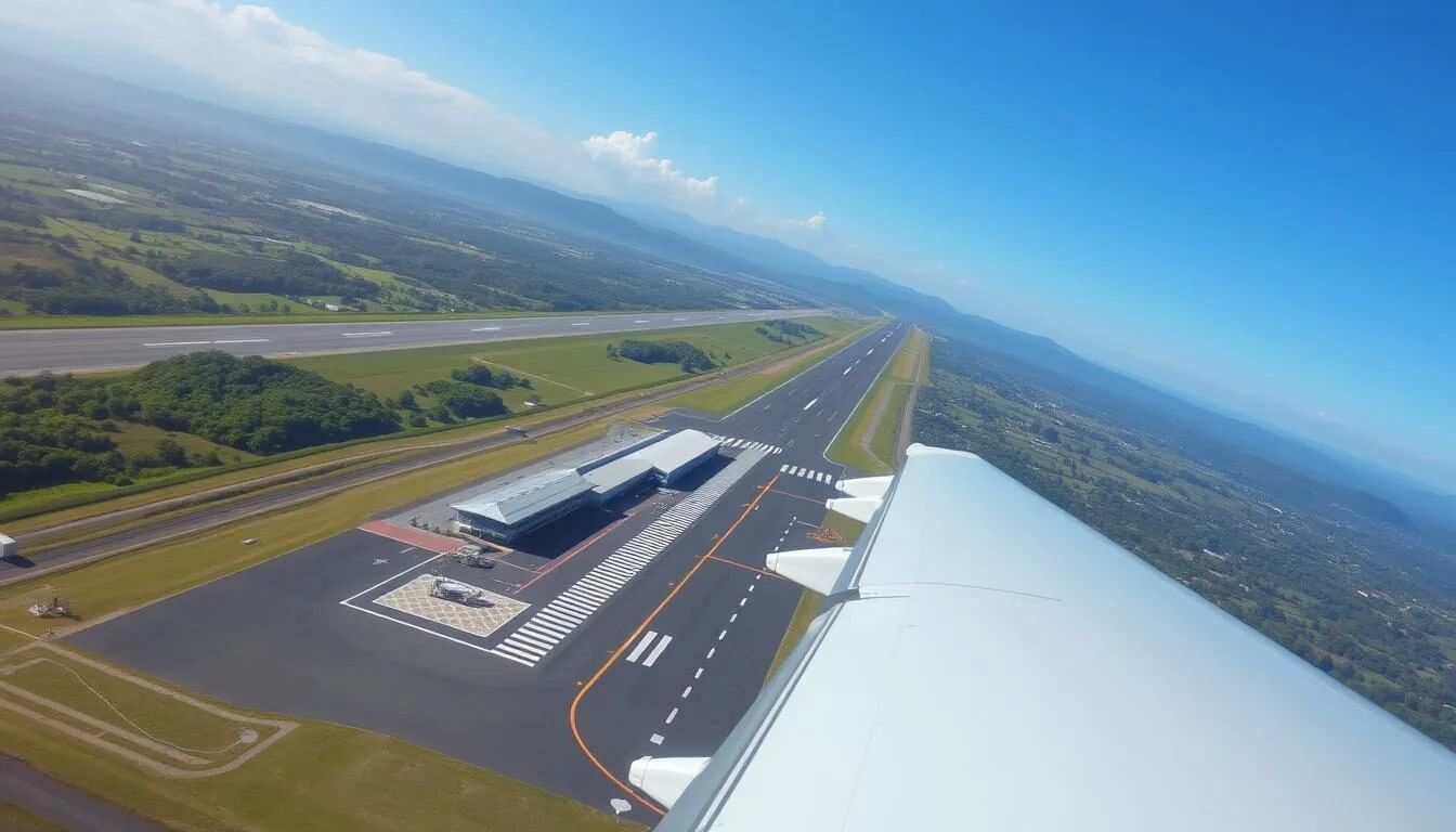 Aerial view of Bacolod-Silay Airport with mountains in the background