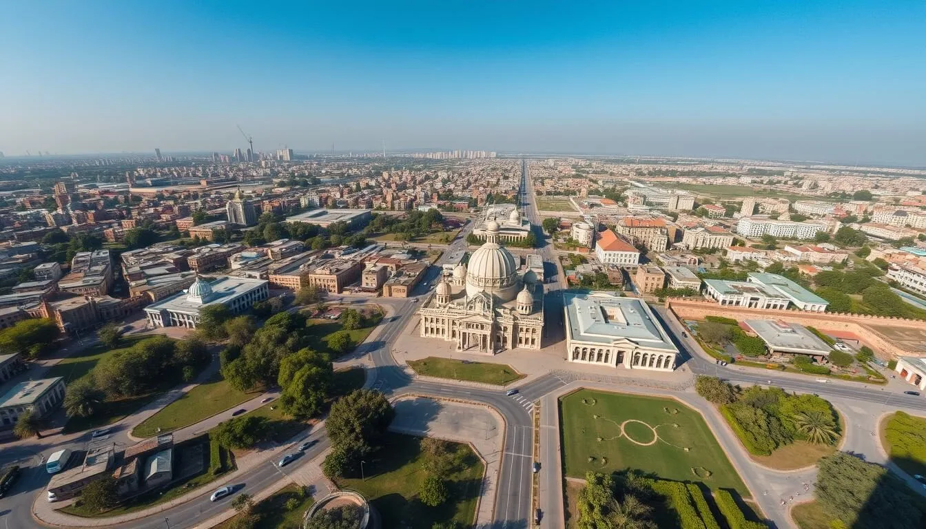 Aerial view of Bahawalpur city showing its layout with historic buildings and modern infrastructure