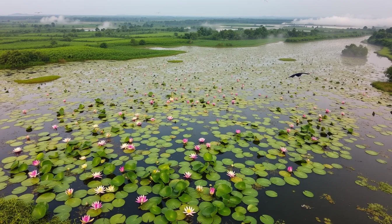 Aerial view of Baikka Beel wetland sanctuary with lotus flowers and water lilies blooming across the water surface
