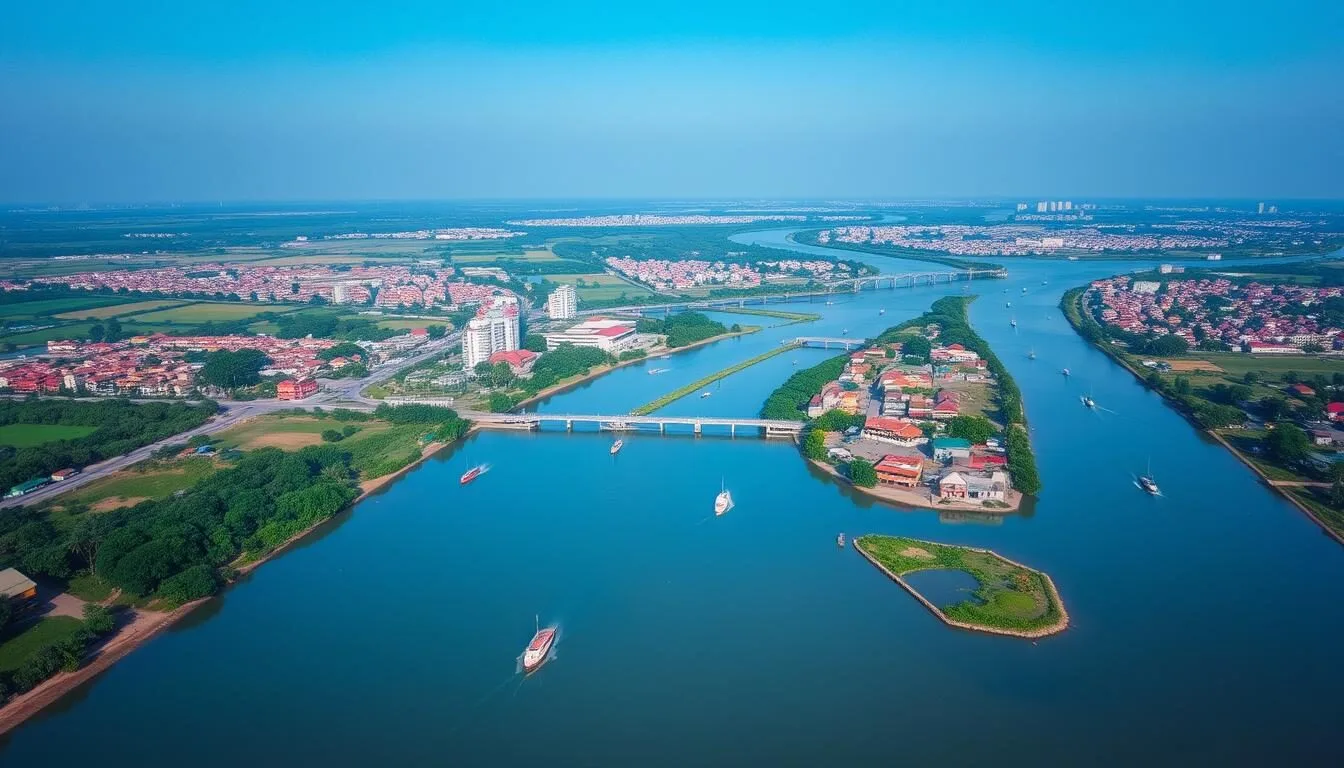 Aerial view of Barisal city with its network of rivers and canals