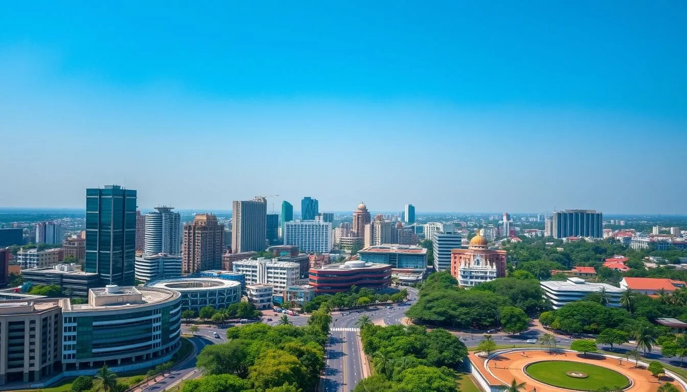 Aerial view of Bengaluru city skyline showing modern buildings and green spaces