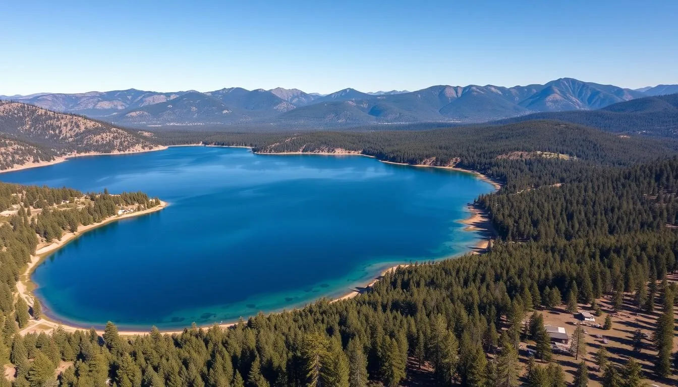 Aerial view of Big Bear Lake surrounded by pine forests with mountain backdrop