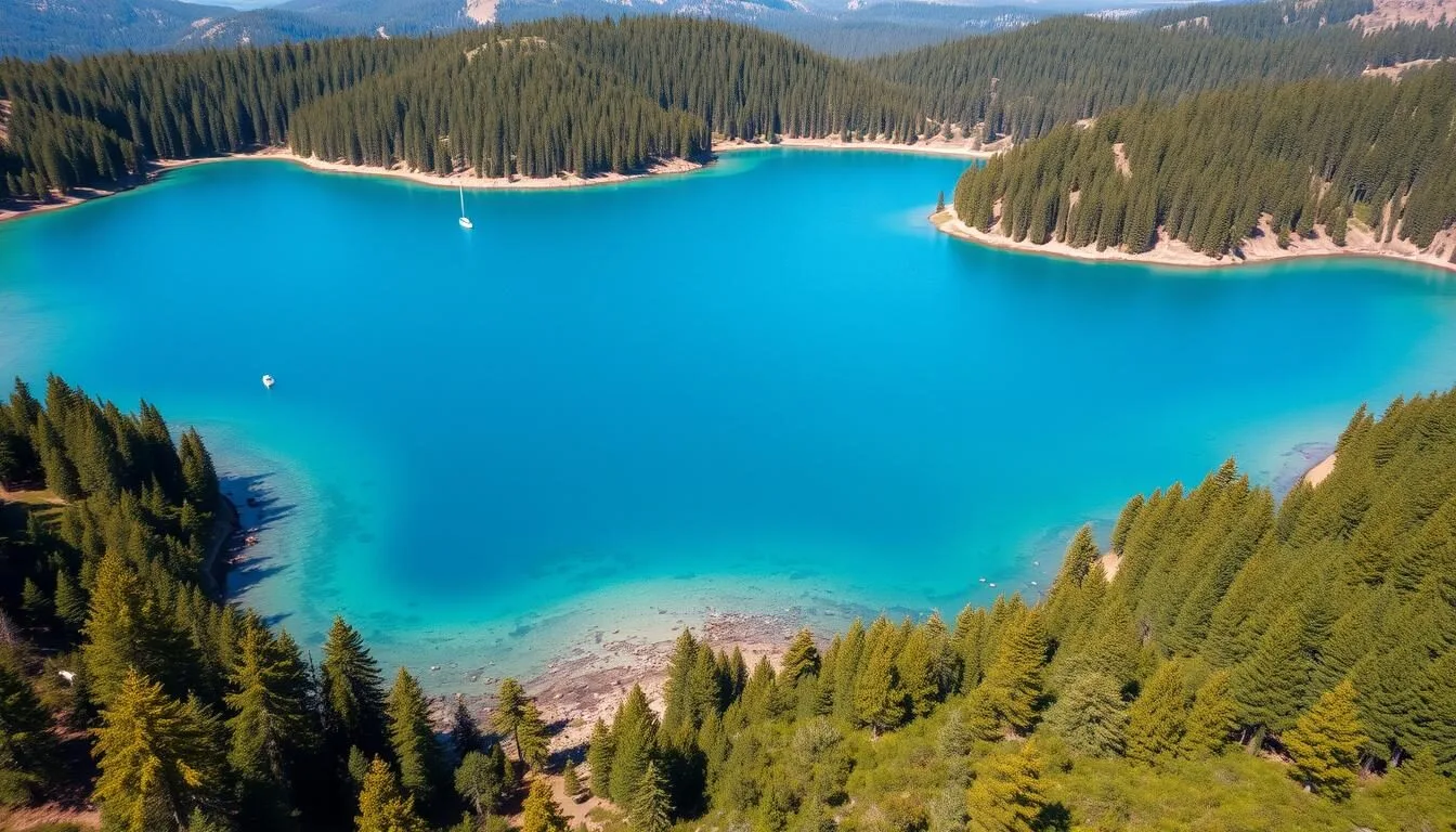 Aerial view of Blue Lake in Mendocino County showing crystal clear blue waters surrounded by pine trees