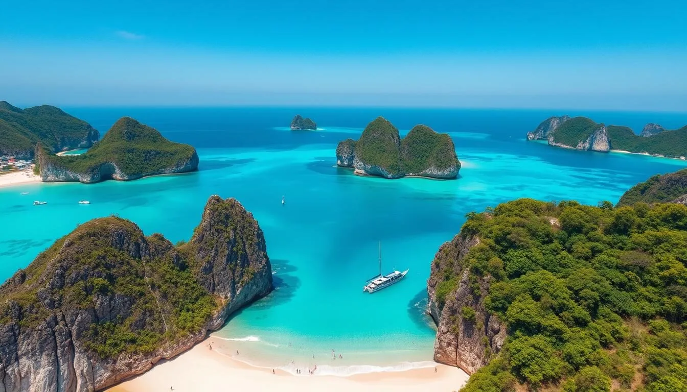 Aerial view of Busuanga Island showing turquoise waters, limestone cliffs, and white sand beaches