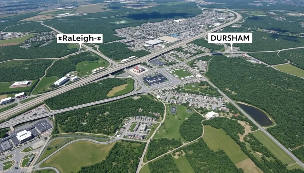 Aerial view of Cary, North Carolina showing its location in relation to Raleigh and Durham with major highways visible