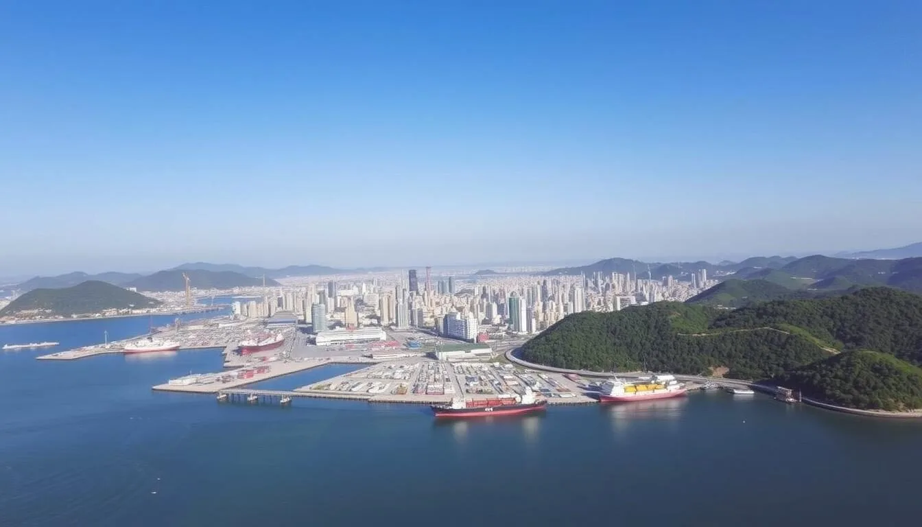 Aerial view of Chattogram city showing the bustling port and surrounding hills