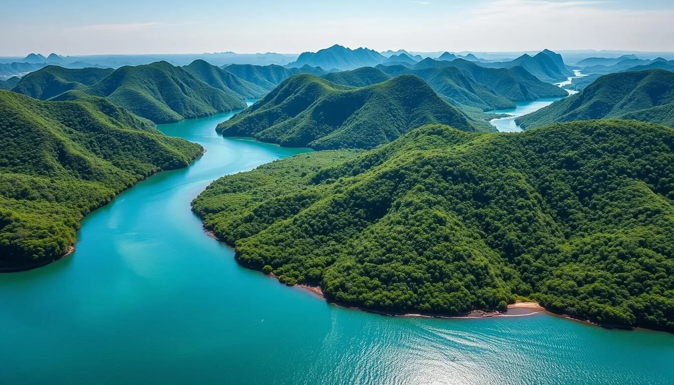 Aerial view of Chico Island, Philippines showing the mountainous landscape and Chico River