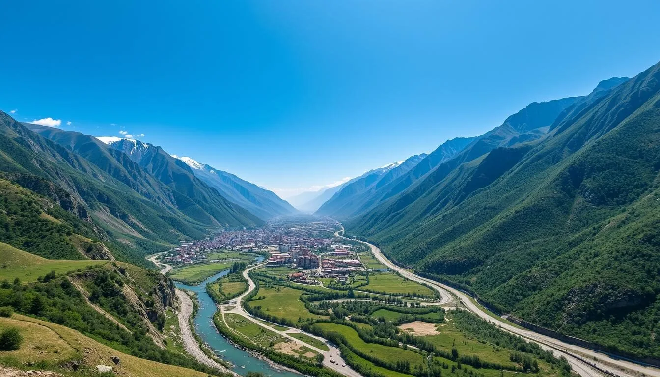 Aerial view of Chitral valley with the Hindu Kush mountains in the background, Pakistan