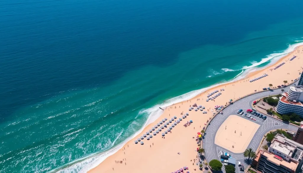 Aerial view of Copacabana Beach with its distinctive wave pattern boardwalk and beachgoers enjoying the sun