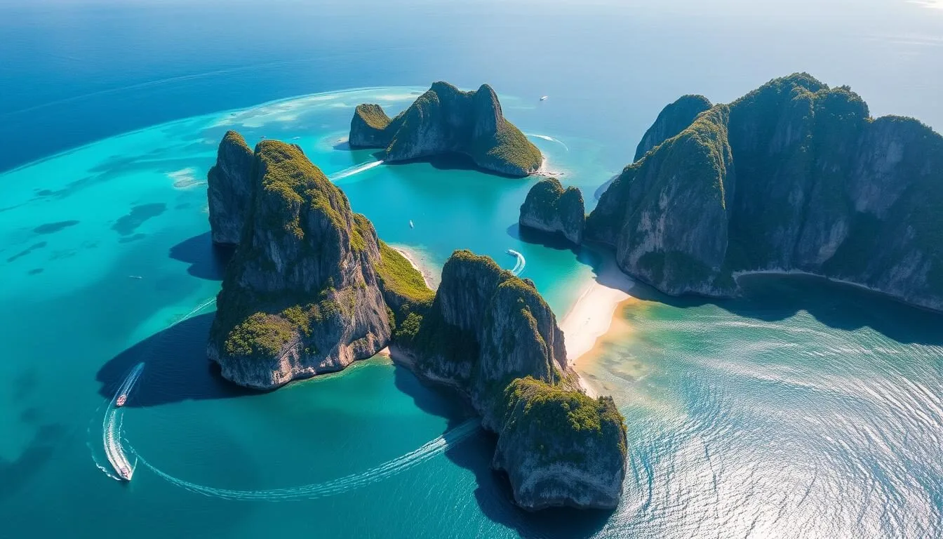 Aerial view of Coron Island's limestone cliffs and turquoise waters, showcasing the dramatic landscape of this Palawan destination
