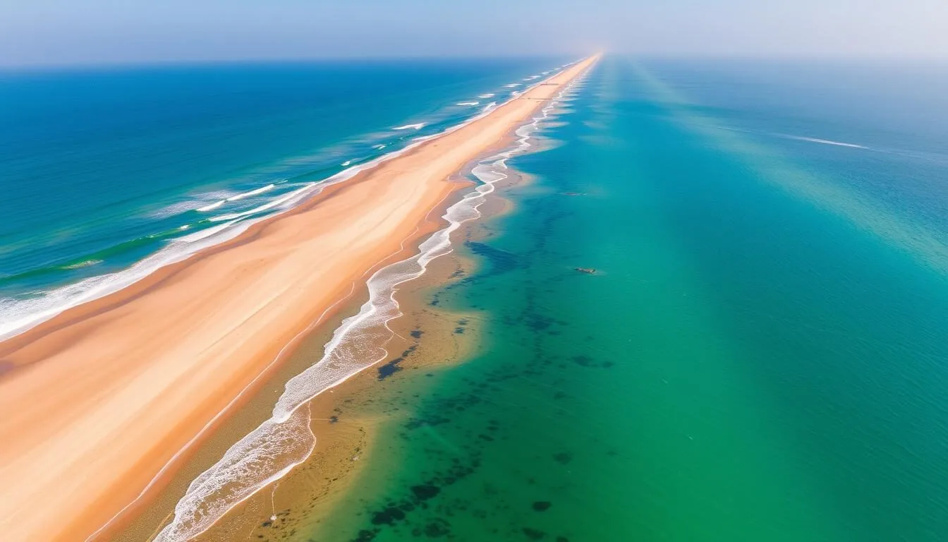 Aerial view of Cox's Bazar beach showing the world's longest natural sandy beach with turquoise waters and golden sands stretching to the horizon