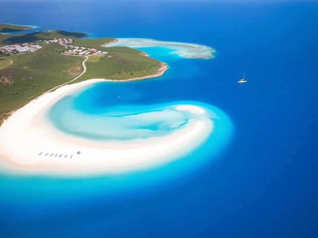 Aerial view of Crocus Bay's crescent-shaped beach and turquoise waters in Anguilla