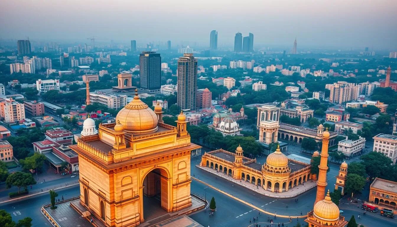 Aerial view of Delhi showing historic monuments and modern cityscape with India Gate in the foreground