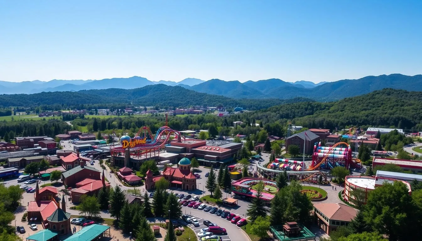 Aerial view of Dollywood theme park in Pigeon Forge, Tennessee with the Great Smoky Mountains in the background