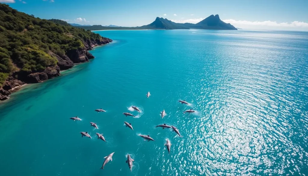 Aerial view of Dolphin Bay, Fernando de Noronha, Brazil. Shimmering turquoise waters reflect the clear sky above. Pods of playful dolphins frolic in the gentle waves, their sleek bodies breaking the surface. Sun-dappled coastline frames the bay, lush tropical foliage cascading down the rocky cliffs. In the distance, a stunning volcanic landscape rises, its jagged peaks piercing the horizon. A light breeze ruffles the calm surface, creating a serene and tranquil atmosphere. The scene captures the vibrant marine life and untamed natural beauty that defines this remarkable national park.