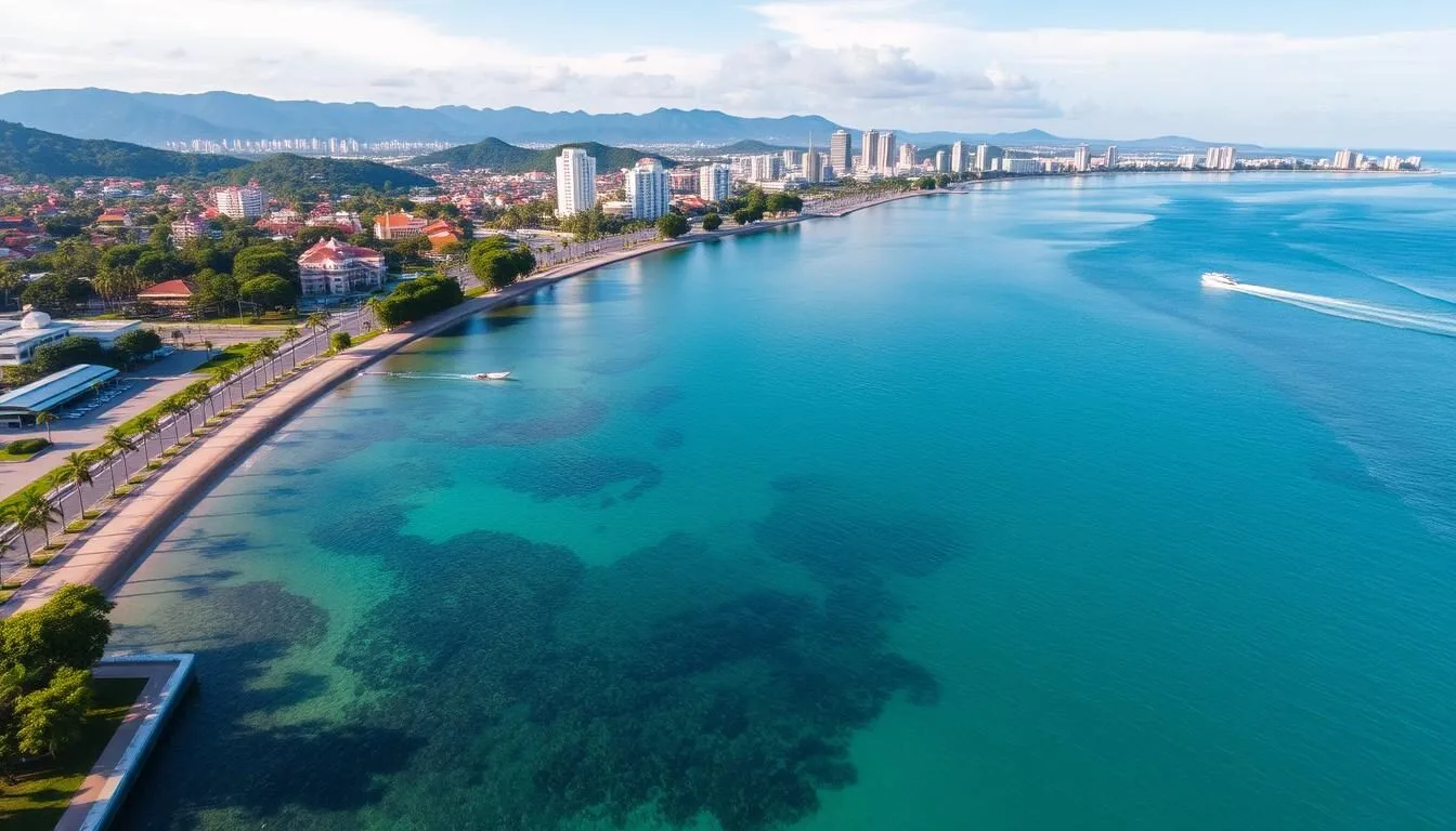 Aerial view of Dumaguete coastline with Rizal Boulevard and the blue waters of Tañon Strait