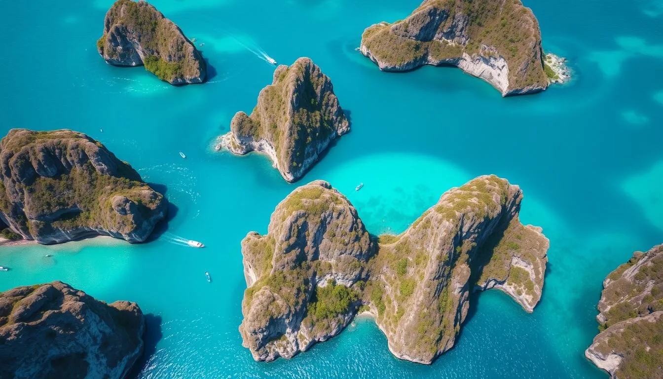 Aerial view of El Nido's limestone cliffs and turquoise blue lagoons, showcasing the best things to do in El Nido, Philippines