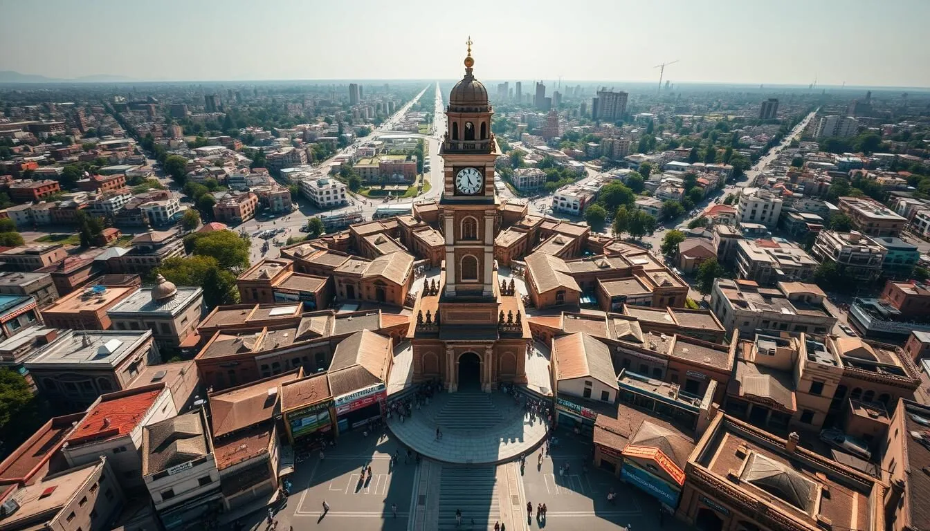 Aerial view of Faisalabad city showing the Clock Tower and surrounding bazaars on a sunny day