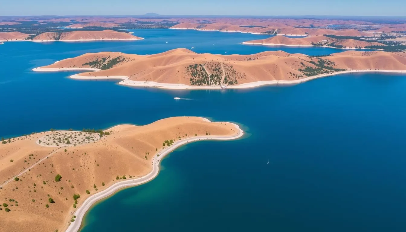 Aerial view of Folsom Lake (Nimbus Flat) with clear blue waters surrounded by golden hills and green trees on a sunny day