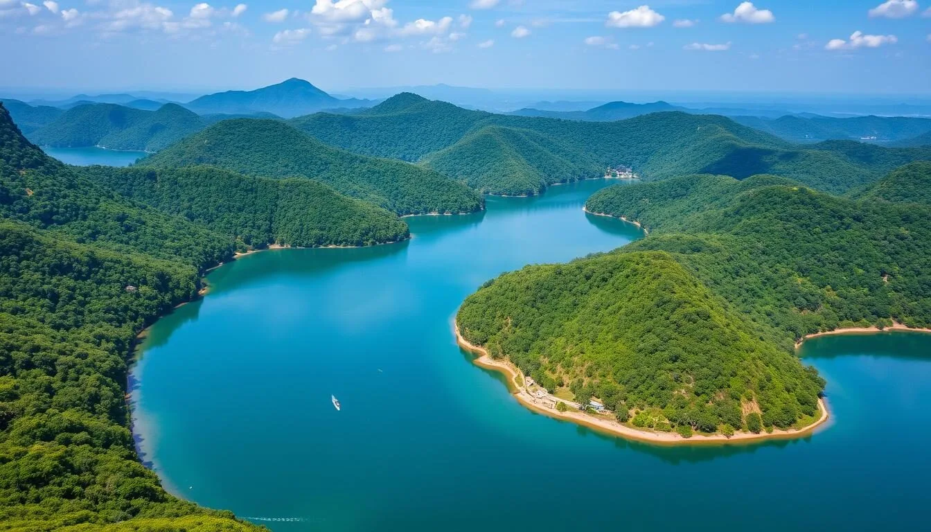 Aerial view of Foy's Lake in Chittagong, Bangladesh showing the lake surrounded by green hills