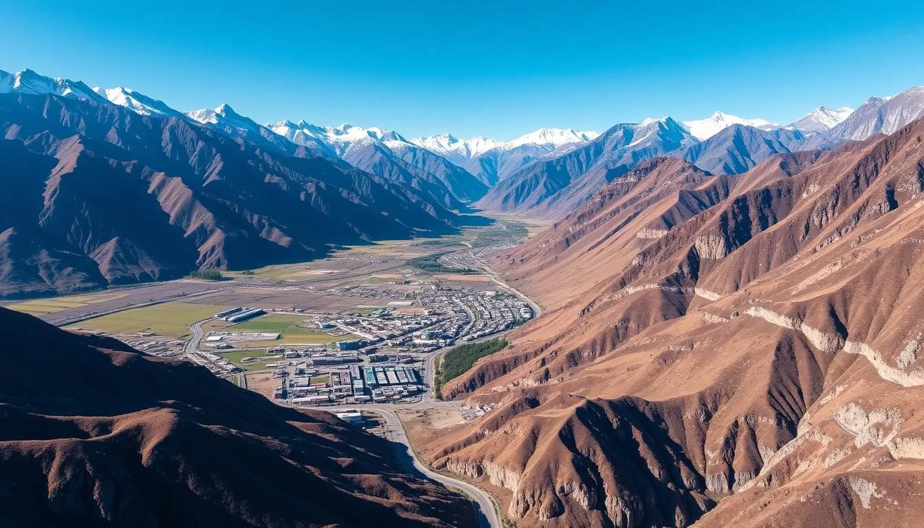 Aerial view of Gilgit city surrounded by mountains with the Karakoram Highway visible