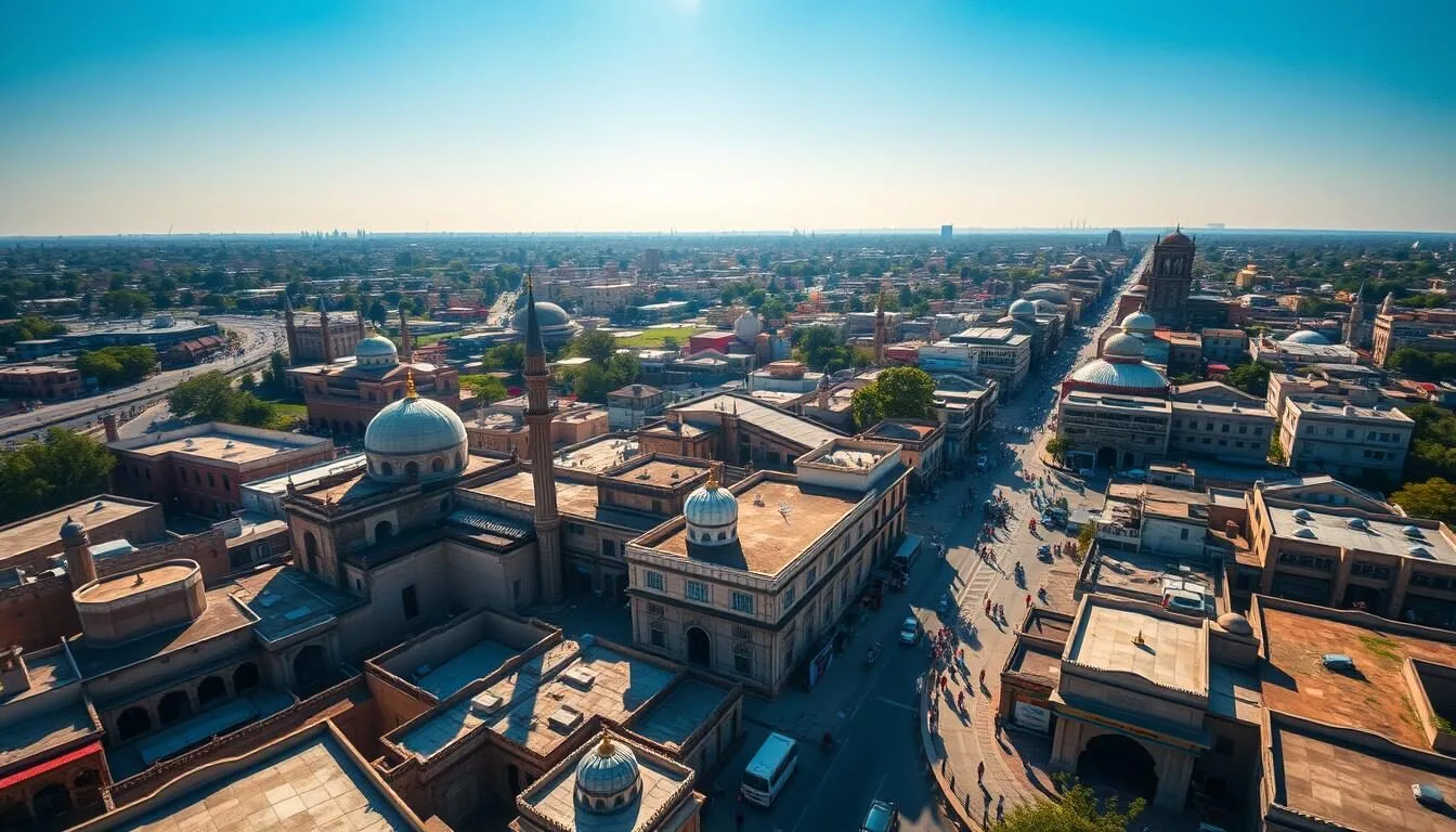 Aerial view of Gujranwala, Pakistan showing the city's layout with historic buildings and modern developments