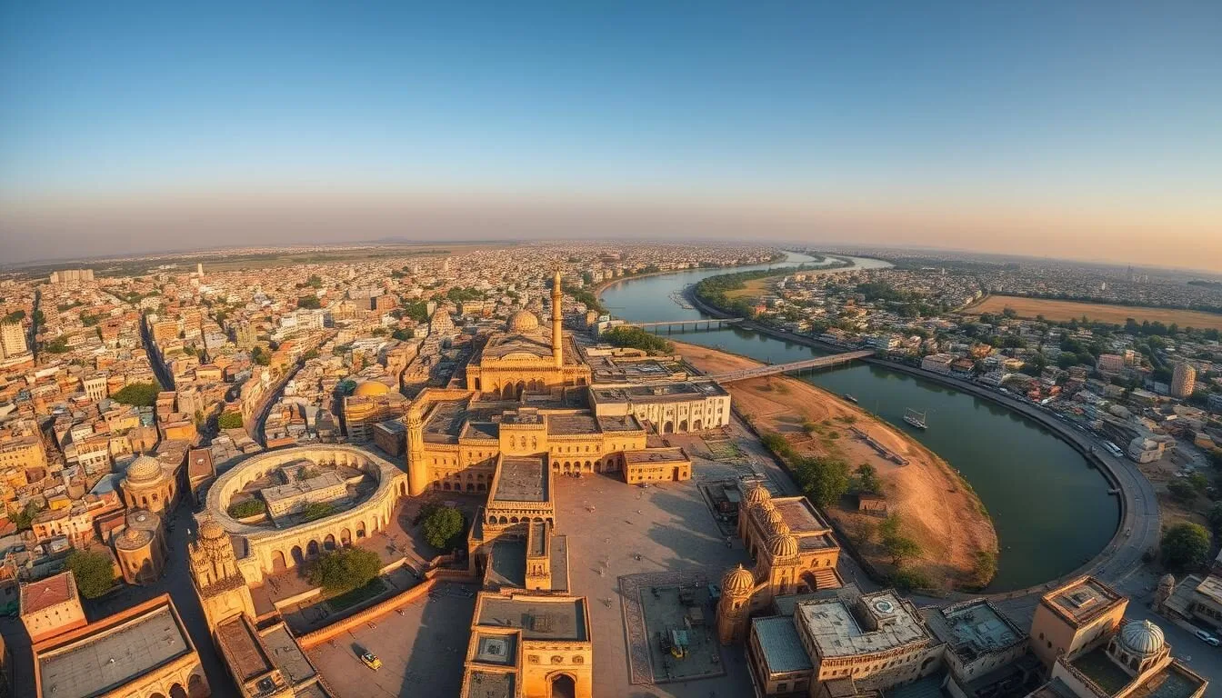 Aerial view of Hyderabad Pakistan showing historical architecture and the Indus River