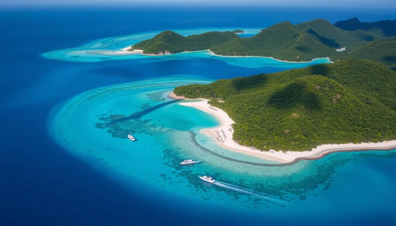 Aerial-view-of-Ishigaki-Islands-emerald-waters-and-white-sandy-beaches-with-lush-green Aerial view of Ishigaki Island's emerald waters and white sandy beaches with lush green mountains in the background